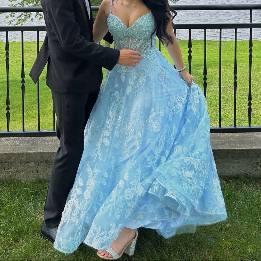 JVN by Jovani Light Blue Lace Ball Gown Prom Dress